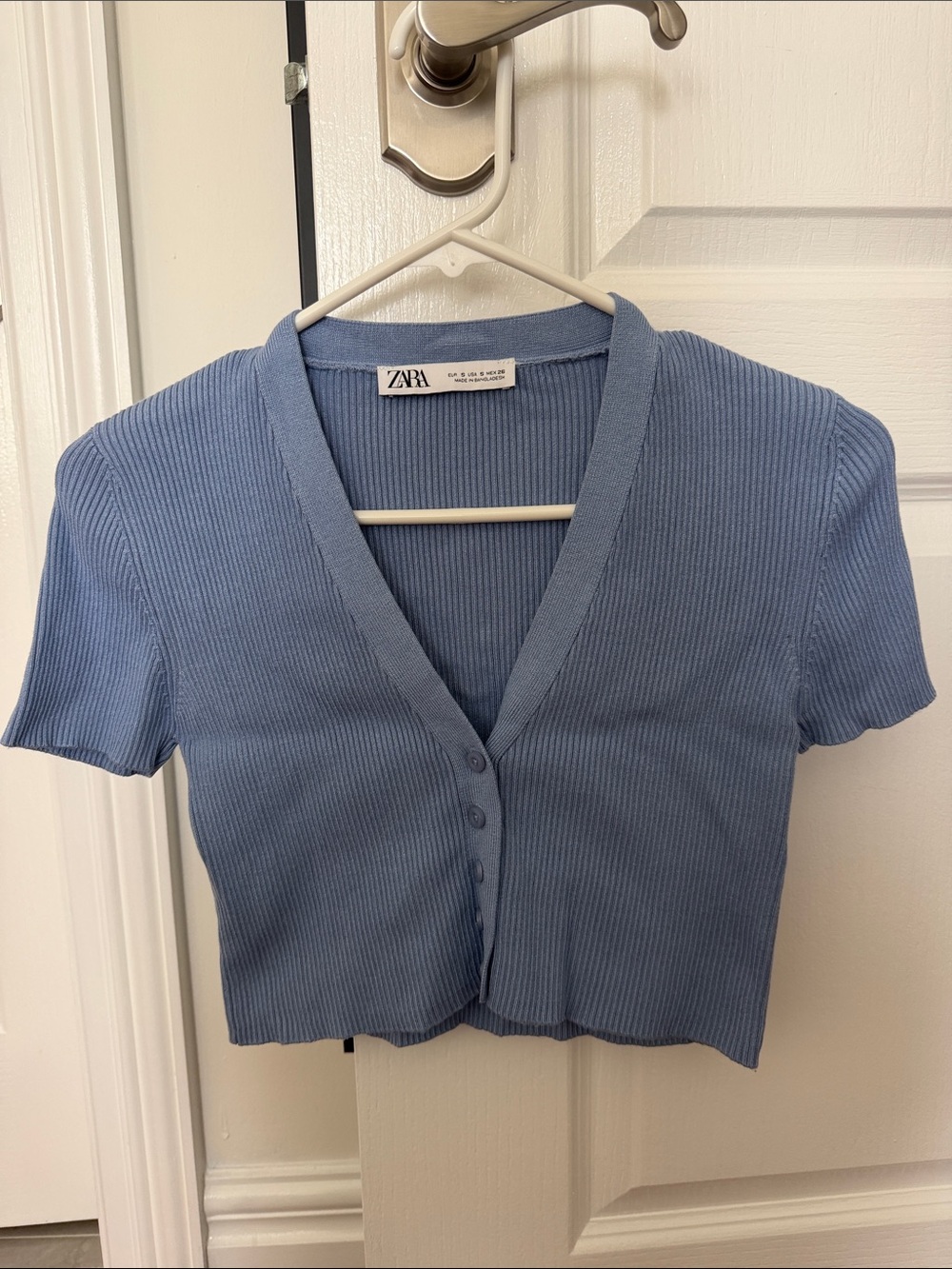 Zara Dusty Blue Ribbed V-Neck Button Crop Top